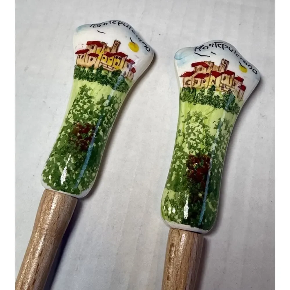 Hand Painted Montepulciano Italy Ceramic & Wood Salad Servers / Tongs Tuscany